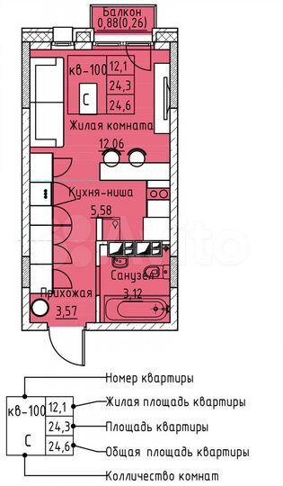 Квартира-студия, 24,6 м², 3/12 эт.