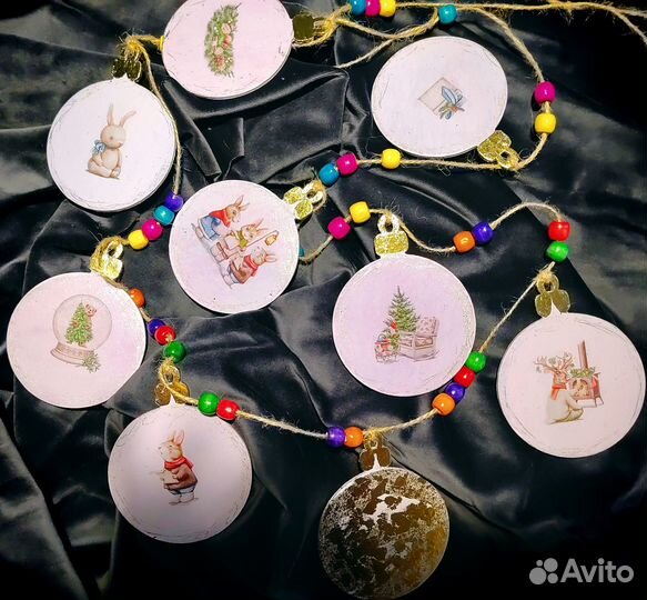 Деревянная гирлянда, флажки на ёлку