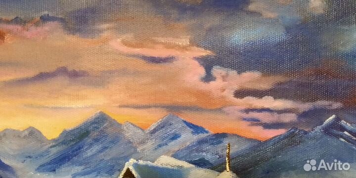 Картина маслом Закат с горами Стога сена зимой