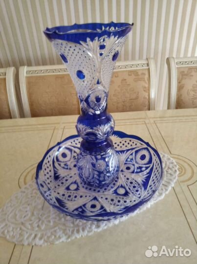 Хрустальная ваза для фруктов и цветов, синяя
