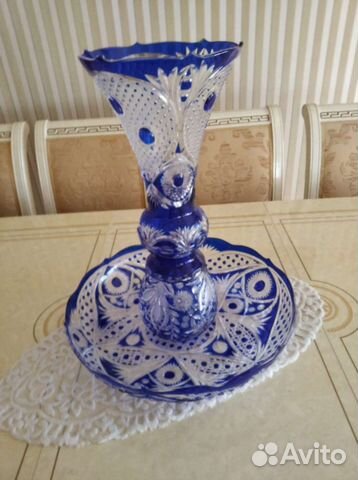Хрустальная ваза для фруктов и цветов, синяя