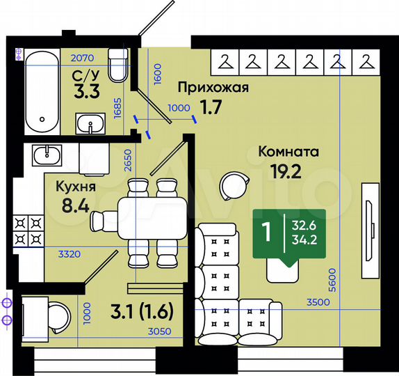 1-к. квартира, 34,6 м², 1/3 эт.