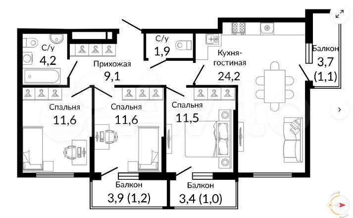 3-к. квартира, 77,4 м², 9/16 эт.