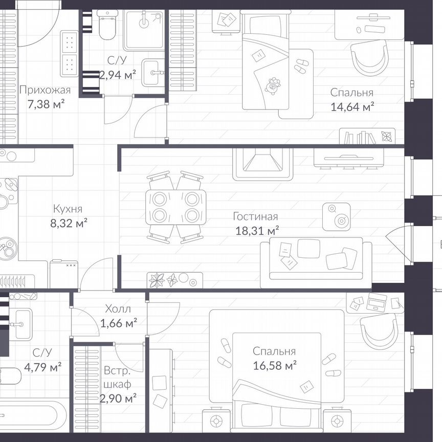 2-к. квартира, 79,4 м², 3/3 эт.