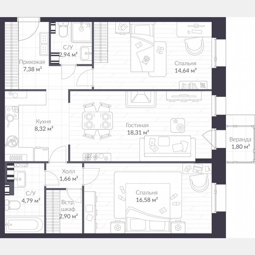 2-к. квартира, 79,4 м², 3/3 эт.