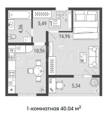 1-к. квартира, 40 м², 1/9 эт.