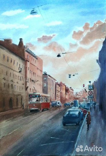 Картина трамвай Петербург городской пейзаж 38х54см
