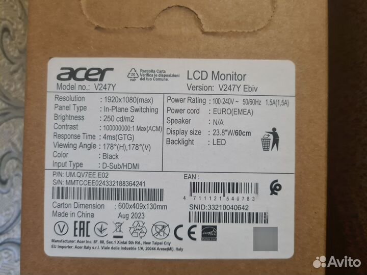 Монитор Acer 24 100Hz IPS, новый