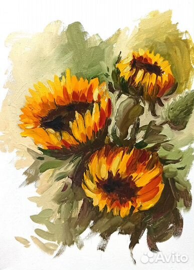 Картина подсолнухи масло холст букет в вазе цветы