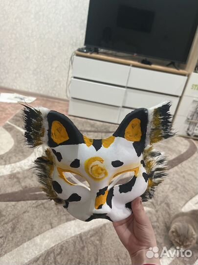 Маска для квадробики,кошка,трёхцветная,с шерстью