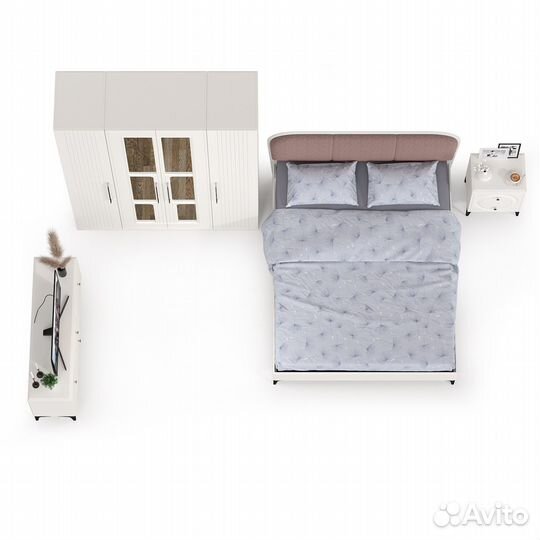 Спальня Валенсия № 44 с тумбой под тв и кровать с мягкой спинкой, цвет белый шагрень/ткань велутто