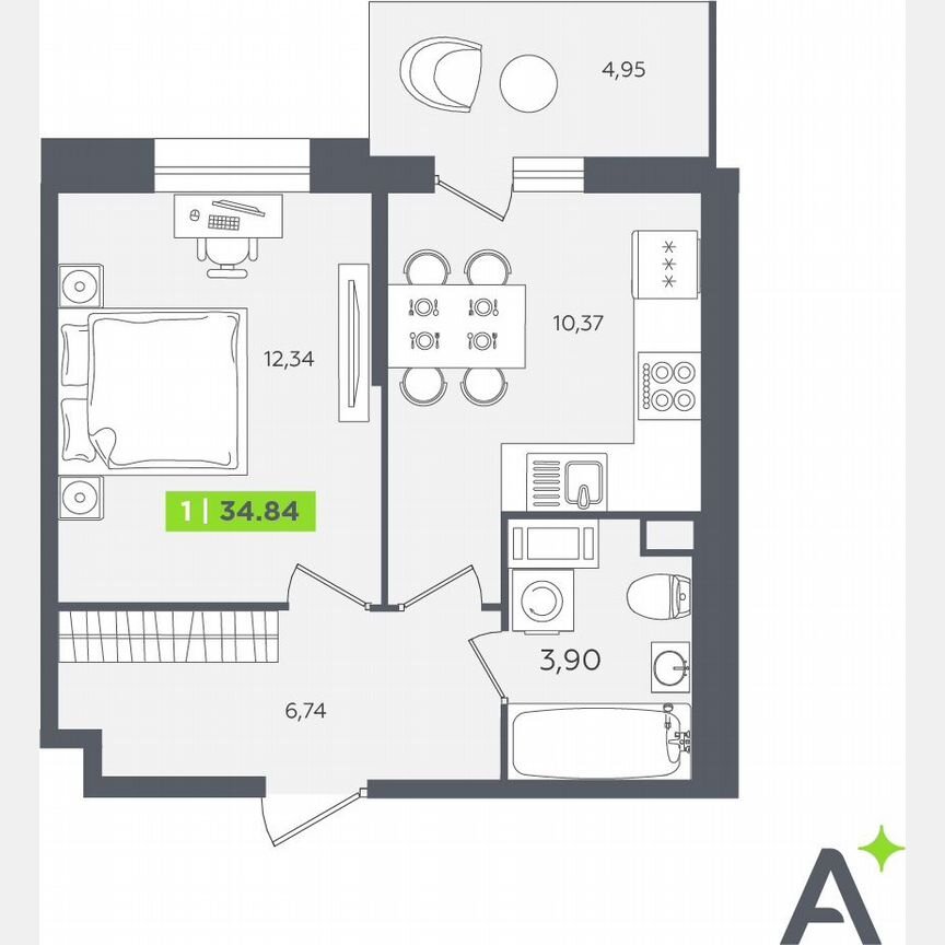 1-к. квартира, 34,8 м², 8/12 эт.
