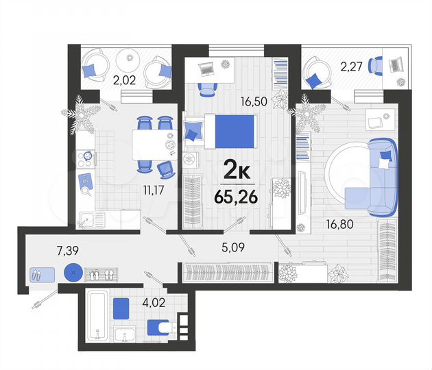 2-к. квартира, 65,3 м², 2/7 эт.