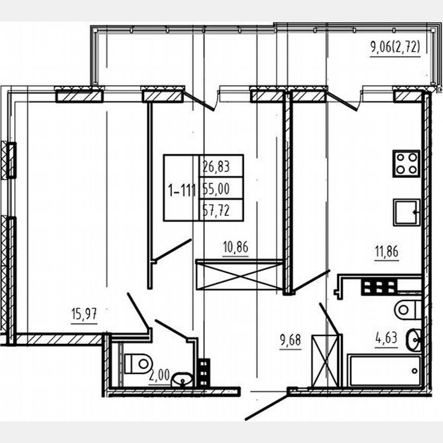 2-к. квартира, 55 м², 4/4 эт.