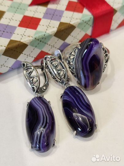 Кольцо+серьги с агатами, можно отдельно