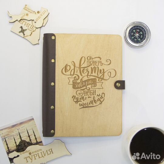 Блокнот в деревянной обложке с кожаным переплетом