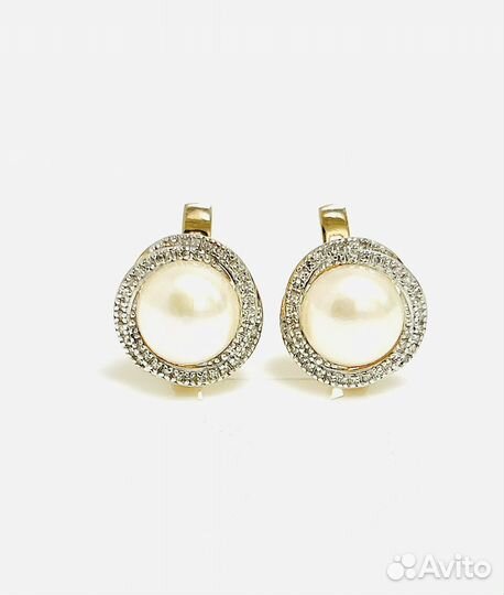 Золотые серьги с фианитами и жемчугом