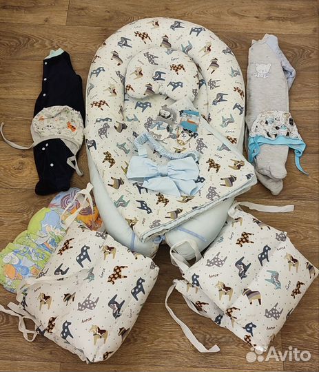 Кокон, бортики, одеяло, подушечка, комбезы