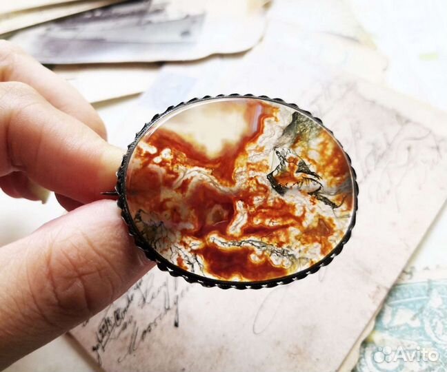 Антикварная Брошь, Моховый агат, серебро, Англия