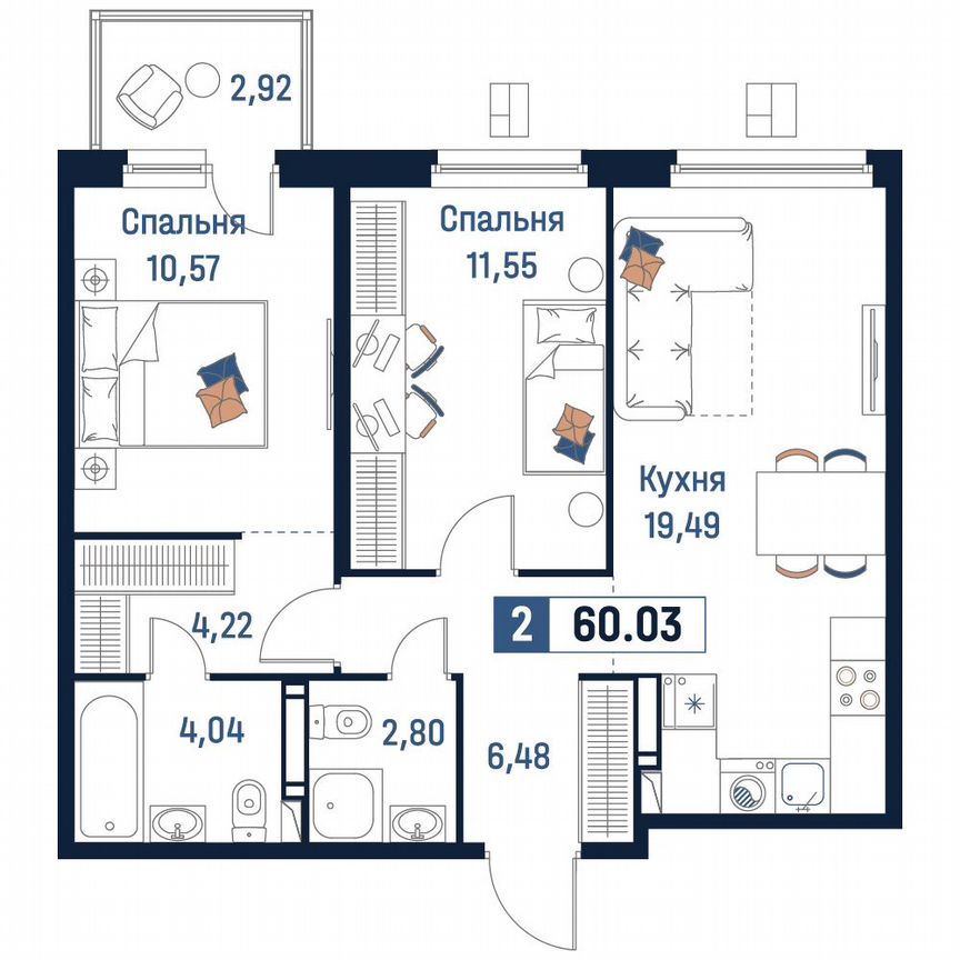 2-к. квартира, 60 м², 8/18 эт.