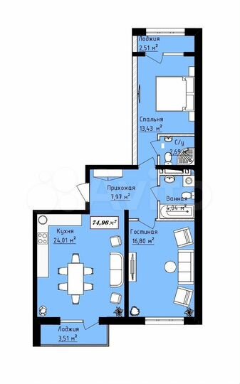 2-к. квартира, 75 м², 14/16 эт.