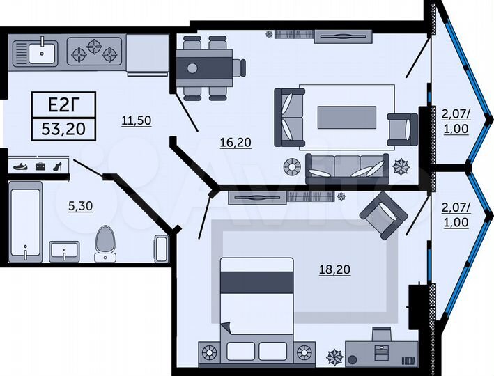 2-к. квартира, 53 м², 2/26 эт.