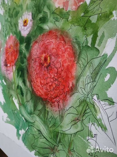 Акварель большая картина яркие цветы астры 35 * 50