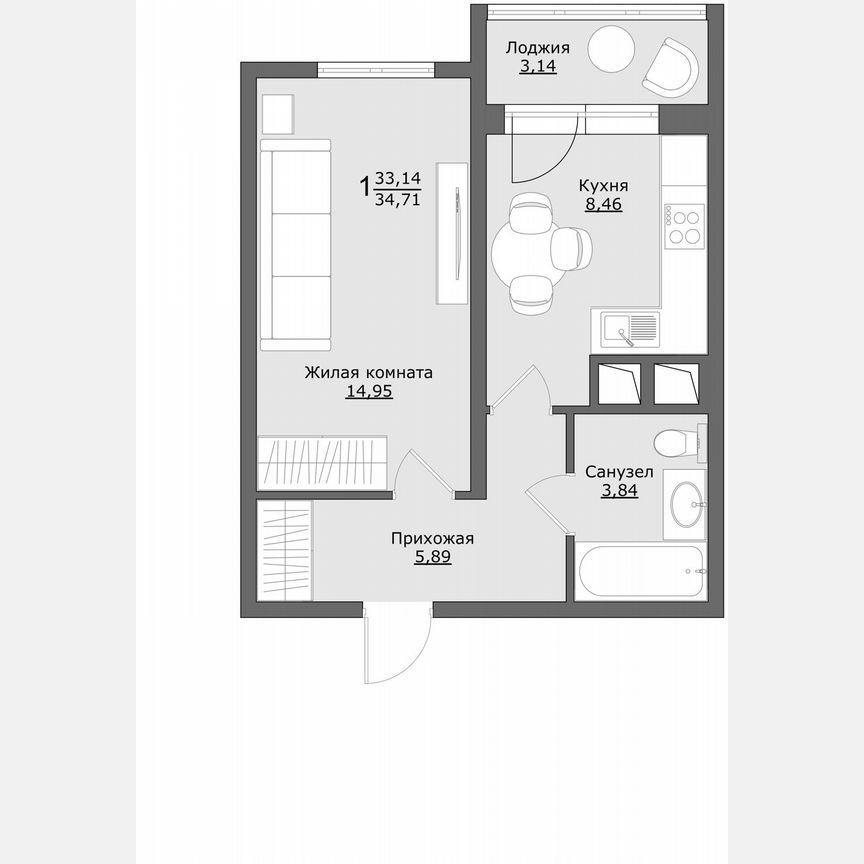 1-к. квартира, 34,7 м², 6/9 эт.