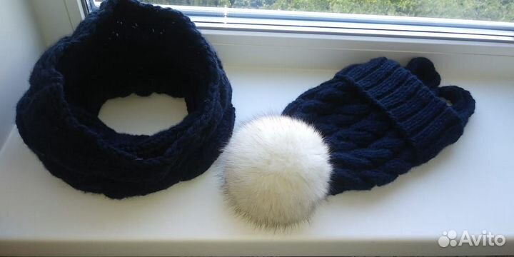 Вязаная шапка с помпоном, снуд, шарф. Меринос