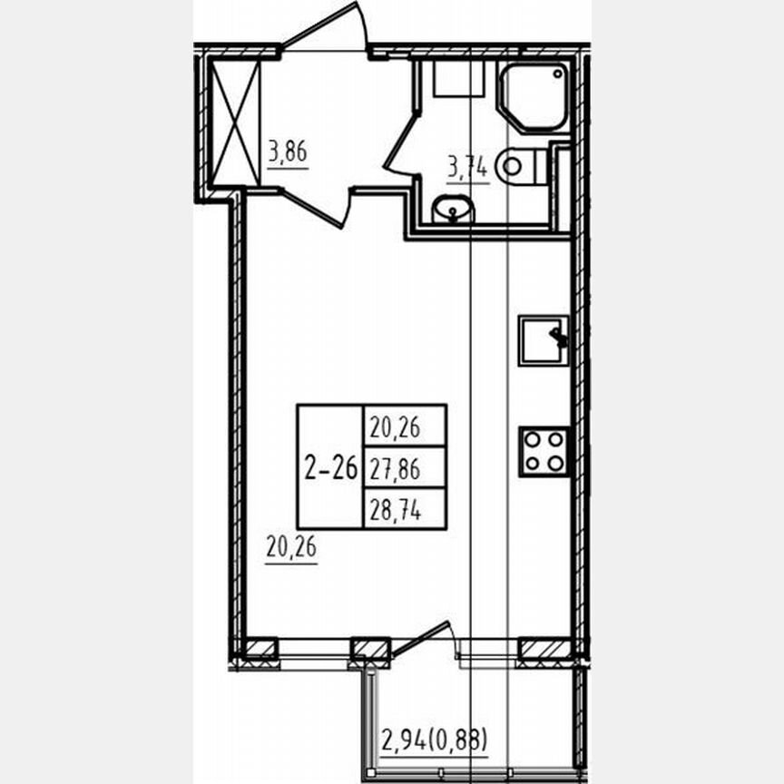 Квартира-студия, 27,9 м², 1/4 эт.