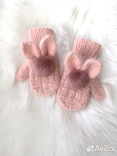 Варежки - Зайчики детские,пуховые,вязаные