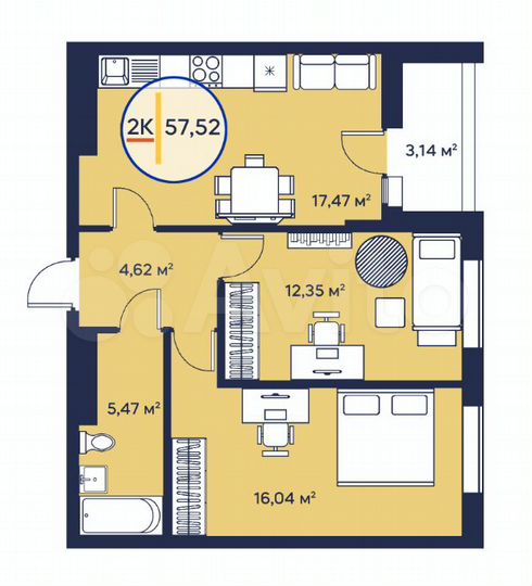 2-к. квартира, 57,6 м², 12/23 эт.