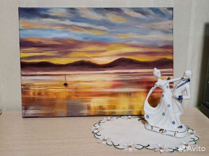 Картина маслом большая 40х30 пейзаж море закат