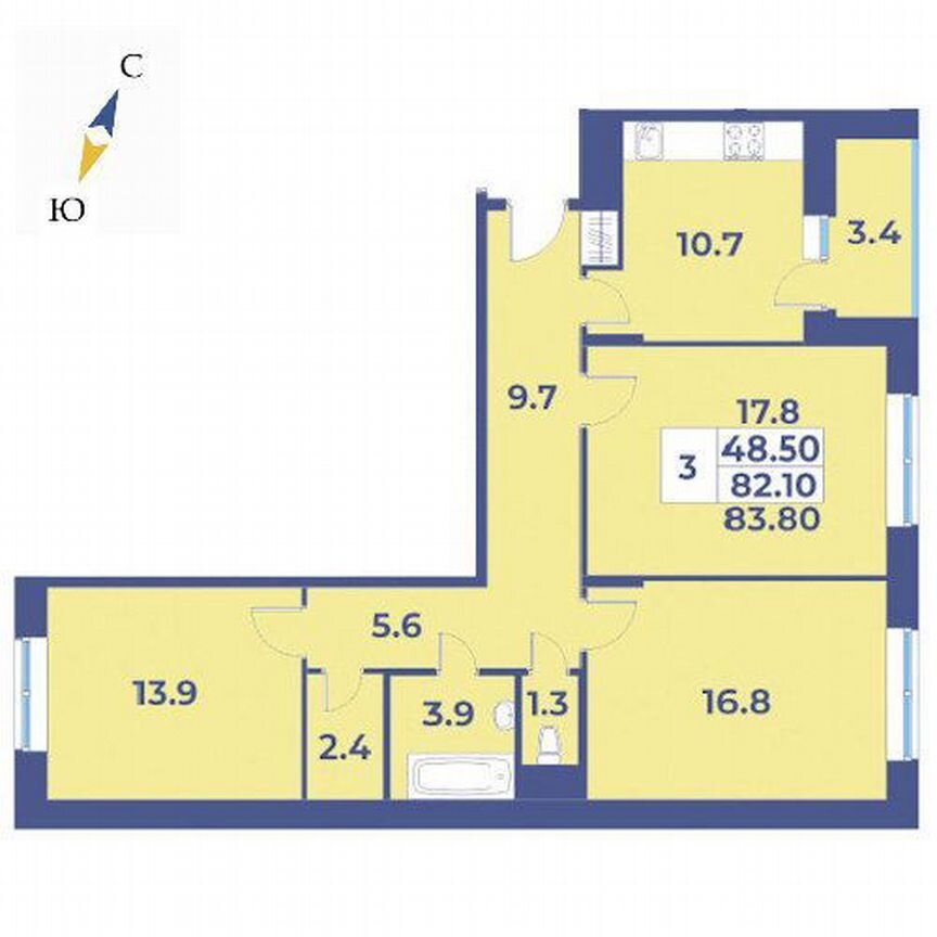 3-к. квартира, 83,8 м², 6/7 эт.