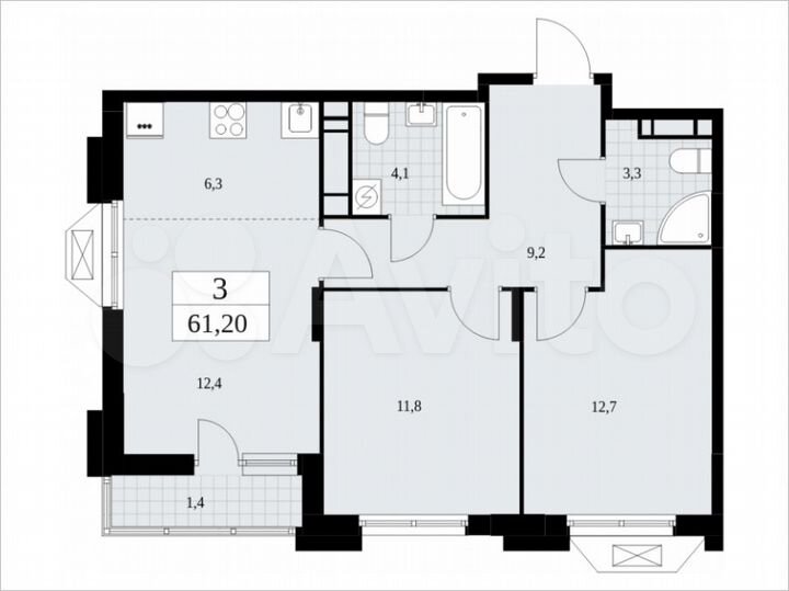 3-к. квартира, 61,2 м², 15/17 эт.