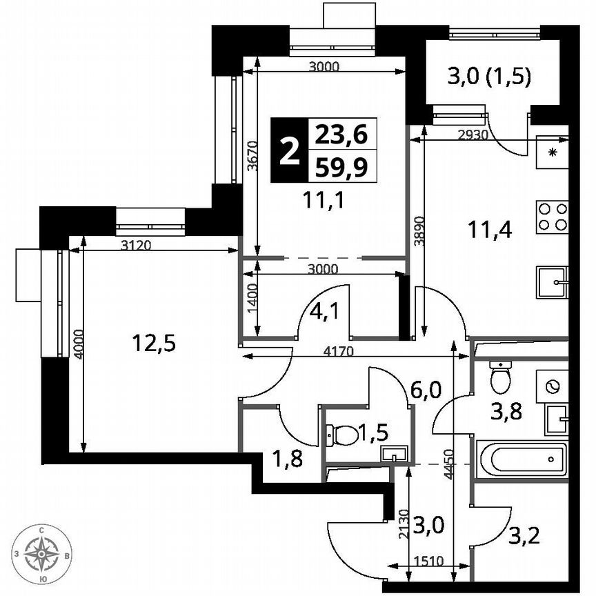 2-к. квартира, 59,9 м², 19/25 эт.