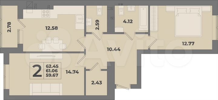 2-к. квартира, 62,5 м², 3/10 эт.