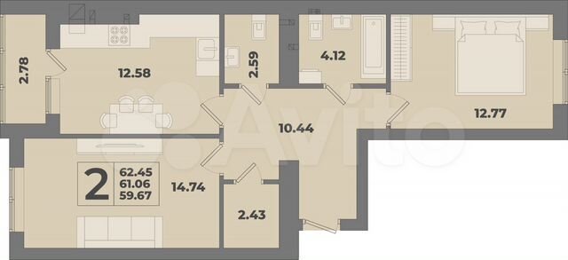 2-к. квартира, 62,5 м², 3/10 эт.