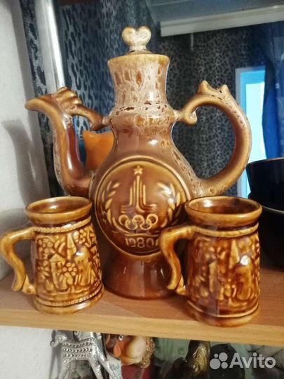 Кувшин обливная керамика+2 кружки Олимпиада(1980г)