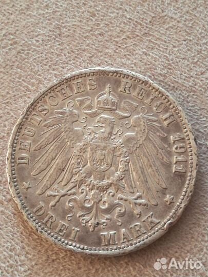 Монета Германия 3 марки 1911год