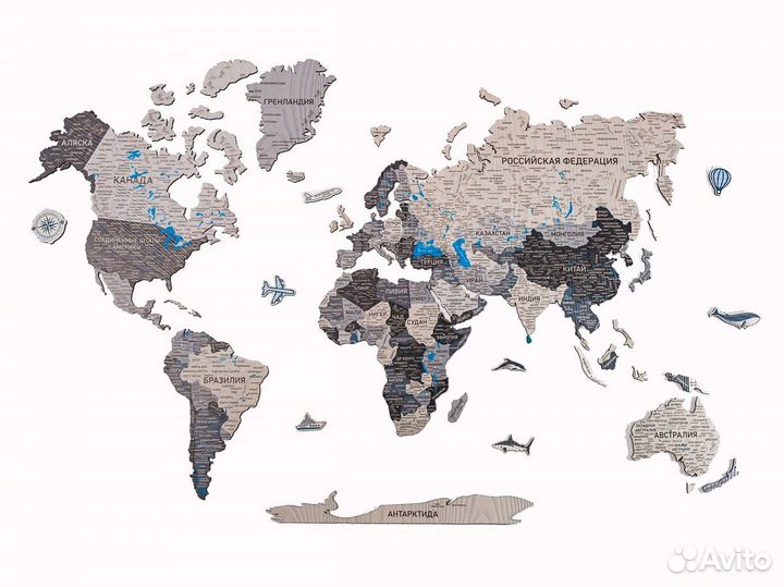 Деревянная карта мира из дерева настенная, Калуга