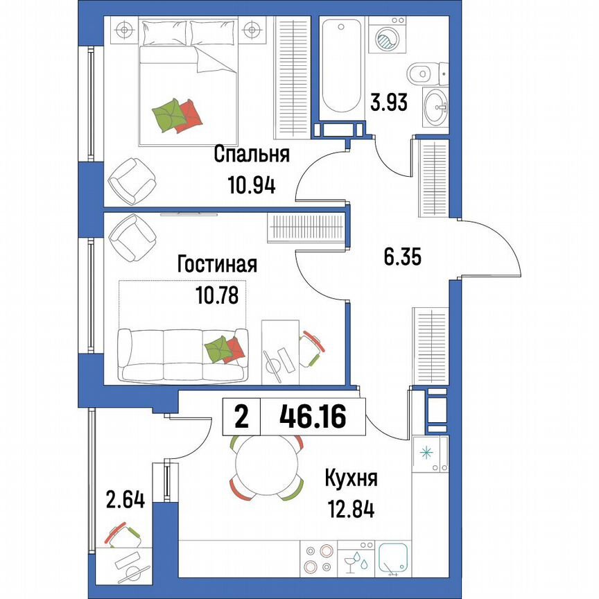 2-к. квартира, 46,2 м², 6/16 эт.