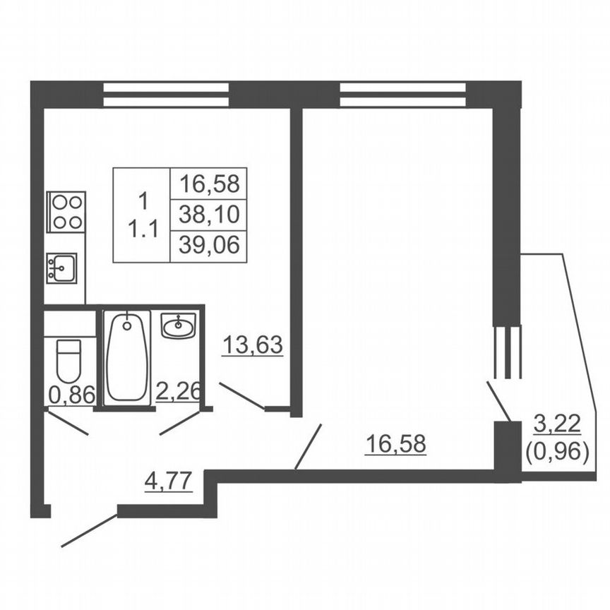 1-к. квартира, 39,1 м², 5/16 эт.