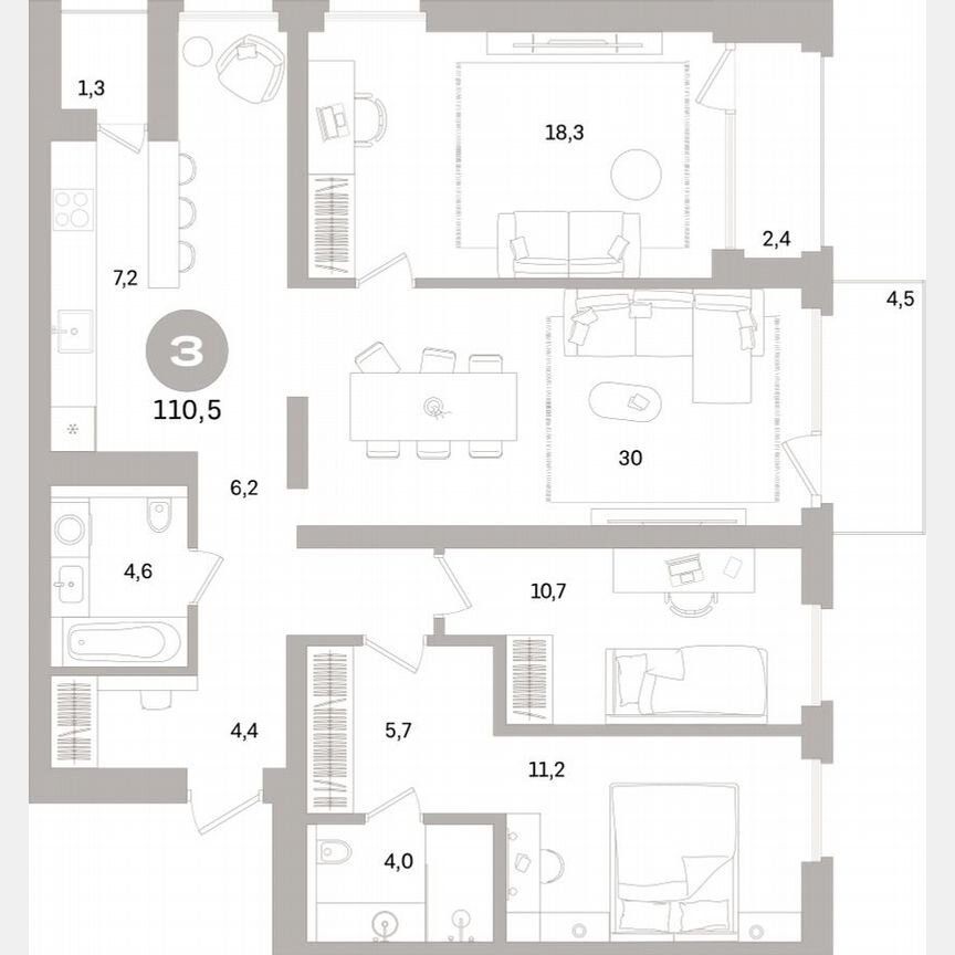 3-к. квартира, 110,1 м², 6/15 эт.