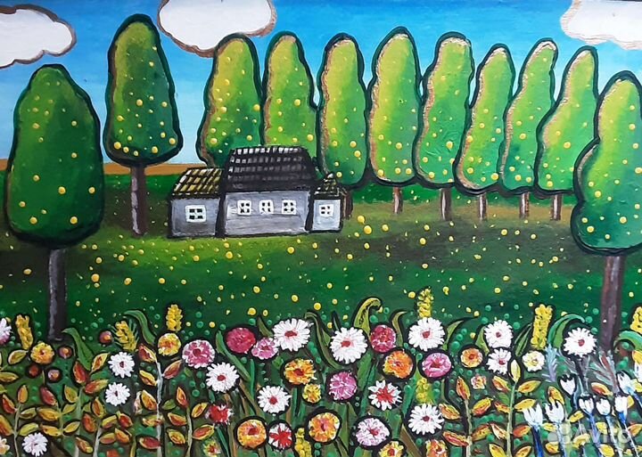 Картина лето акрил пейзаж наив