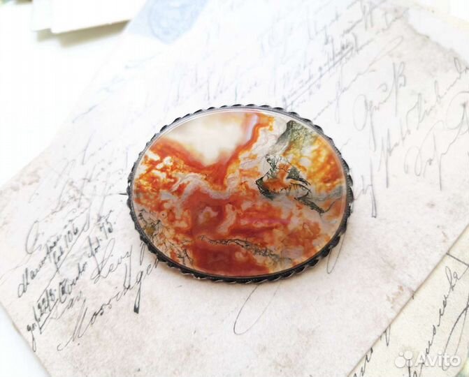 Антикварная Брошь, Моховый агат, серебро, Англия