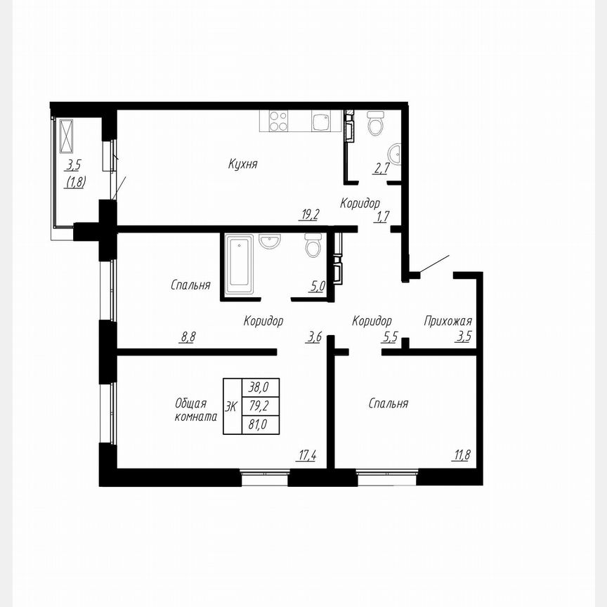 3-к. квартира, 81 м², 2/17 эт.