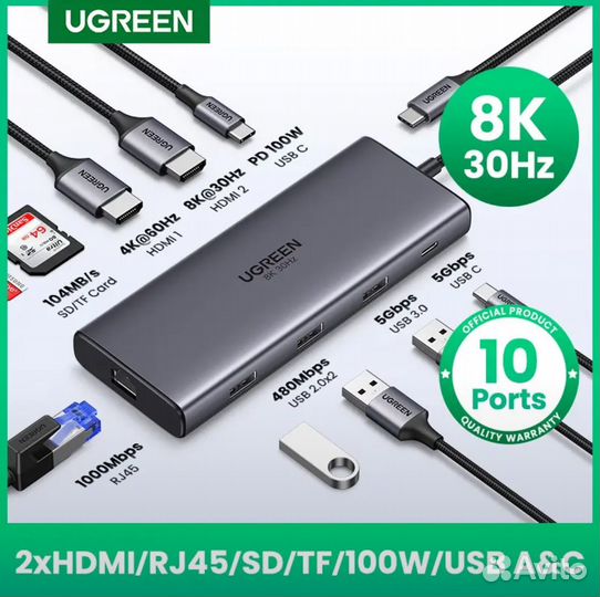 Ugreen Dual hdmi USB Hub 8K hdmi Адаптер 10 в 1
