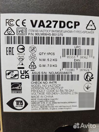 Монитор asus VA27DCP IPS 75 гц