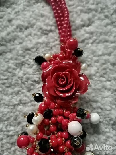 Бусы/колье Коралл, Черный Оникс, Жадеит